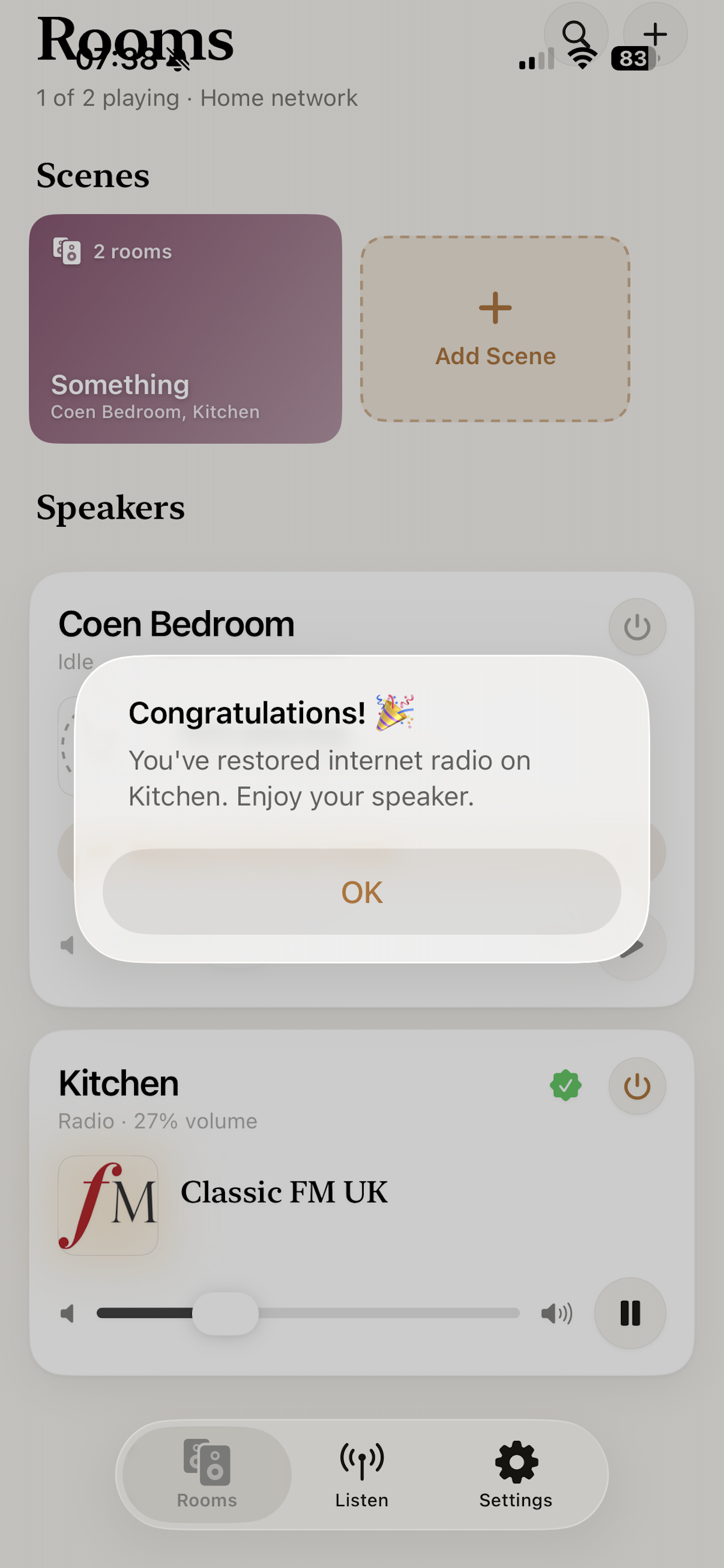 OpenST showing a Congratulations toast after restoring internet radio on the Kitchen speaker