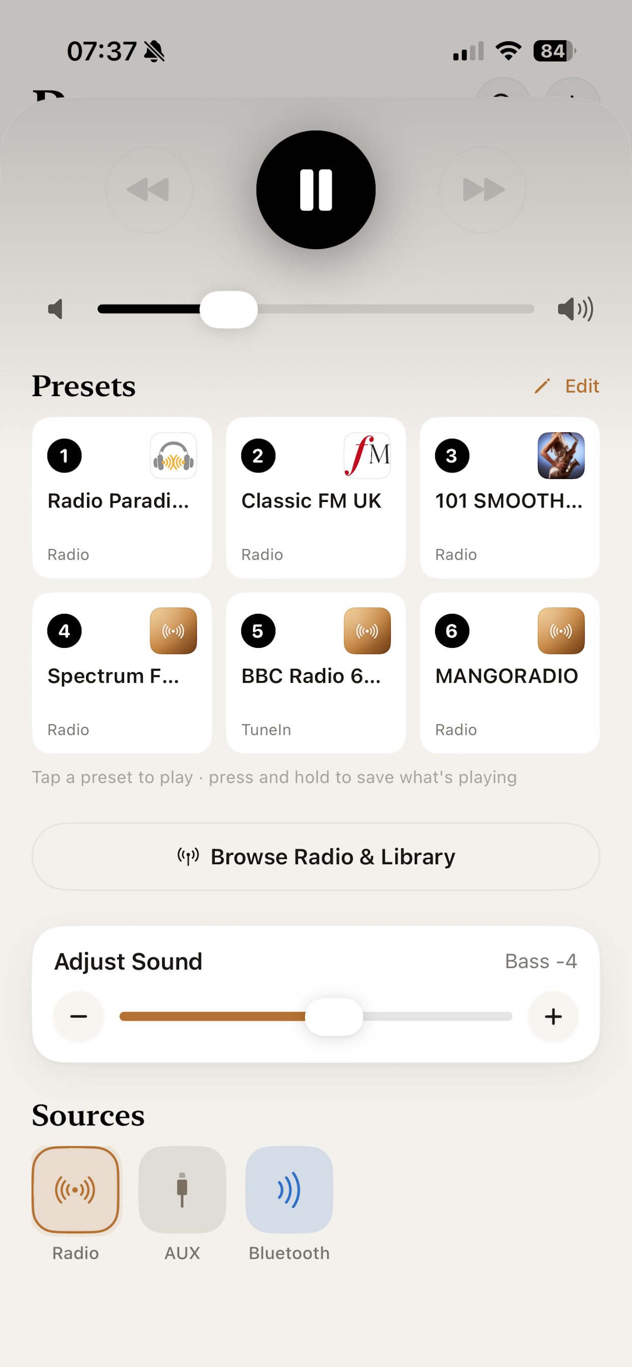 Restore Radio screen showing the Coen Bedroom speaker needs a USB key